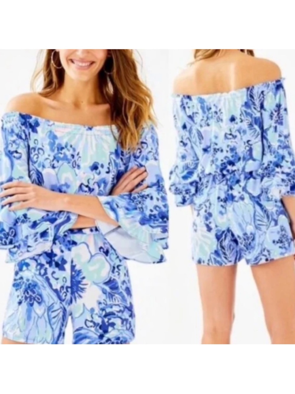 Lilly Pulitzer Lana Skort Romper Ruffled Sleeves Blue Floral Off Shoulder Medium